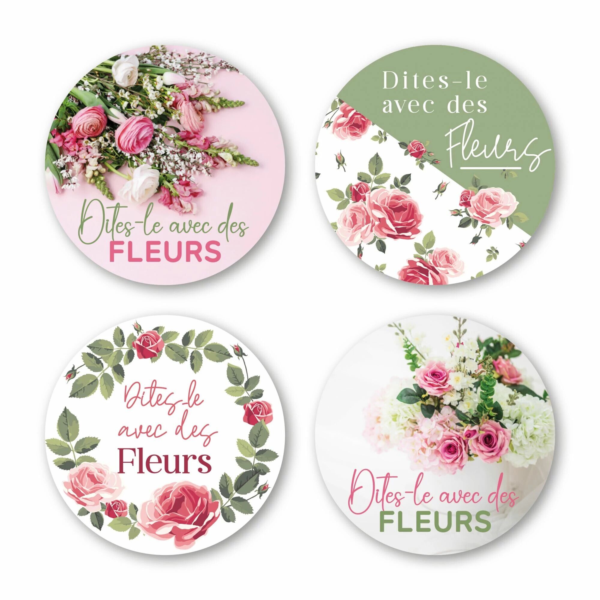 Étiquettes rondes Dites-le avec des fleurs à décors de roses pour bouquets et emballages de fleuriste