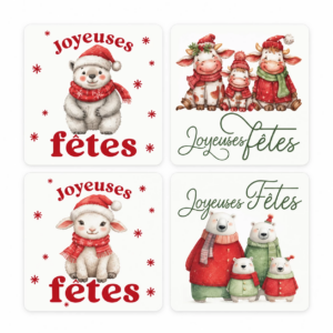 Étiquettes de vœux carrées Joyeuses Fêtes illustrées d'animaux de Noël pour bouquets de fleuriste