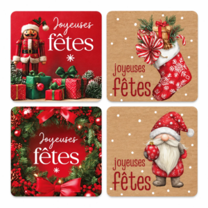 Étiquettes de vœux carrées Joyeuses Fêtes sur fond rouge et kraft à décors de Noël pour fleuriste