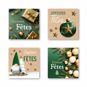 Étiquettes carrées Joyeuses Fêtes vert sapin et or pour bouquets et cadeaux de Noël de fleuriste