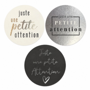 Étiquettes de vœux rondes Juste une petite attention crème, argent et noir pour cadeaux de fleuriste