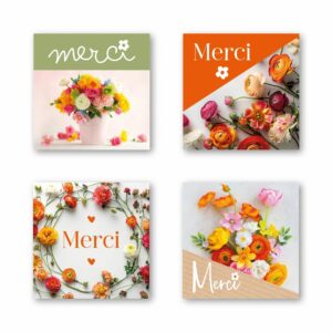 Étiquettes de vœux carrées Merci en quatre visuels de fleurs colorées pour emballage de fleuriste