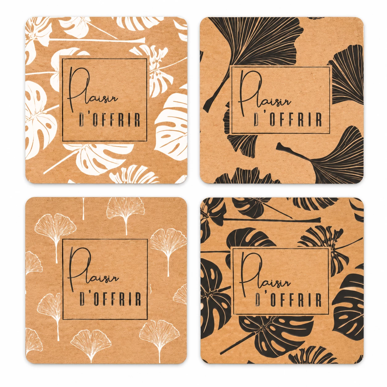Étiquettes de vœux carrées Plaisir d'offrir sur fond kraft à feuilles de monstera et de ginkgo pour fleuriste