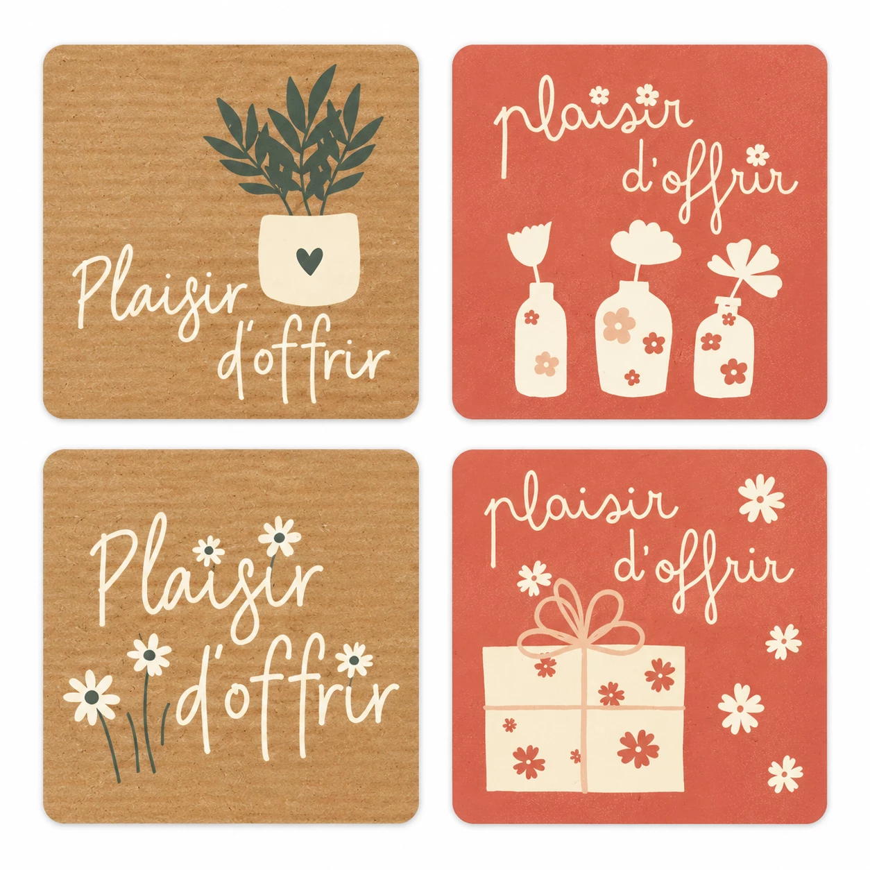 Étiquettes de vœux carrées Plaisir d'offrir illustrées sur fond kraft et terracotta pour fleuriste