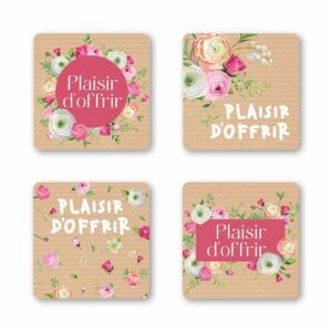 Étiquettes carrées Plaisir d'offrir sur kraft à renoncules roses pour emballage cadeau de fleuriste