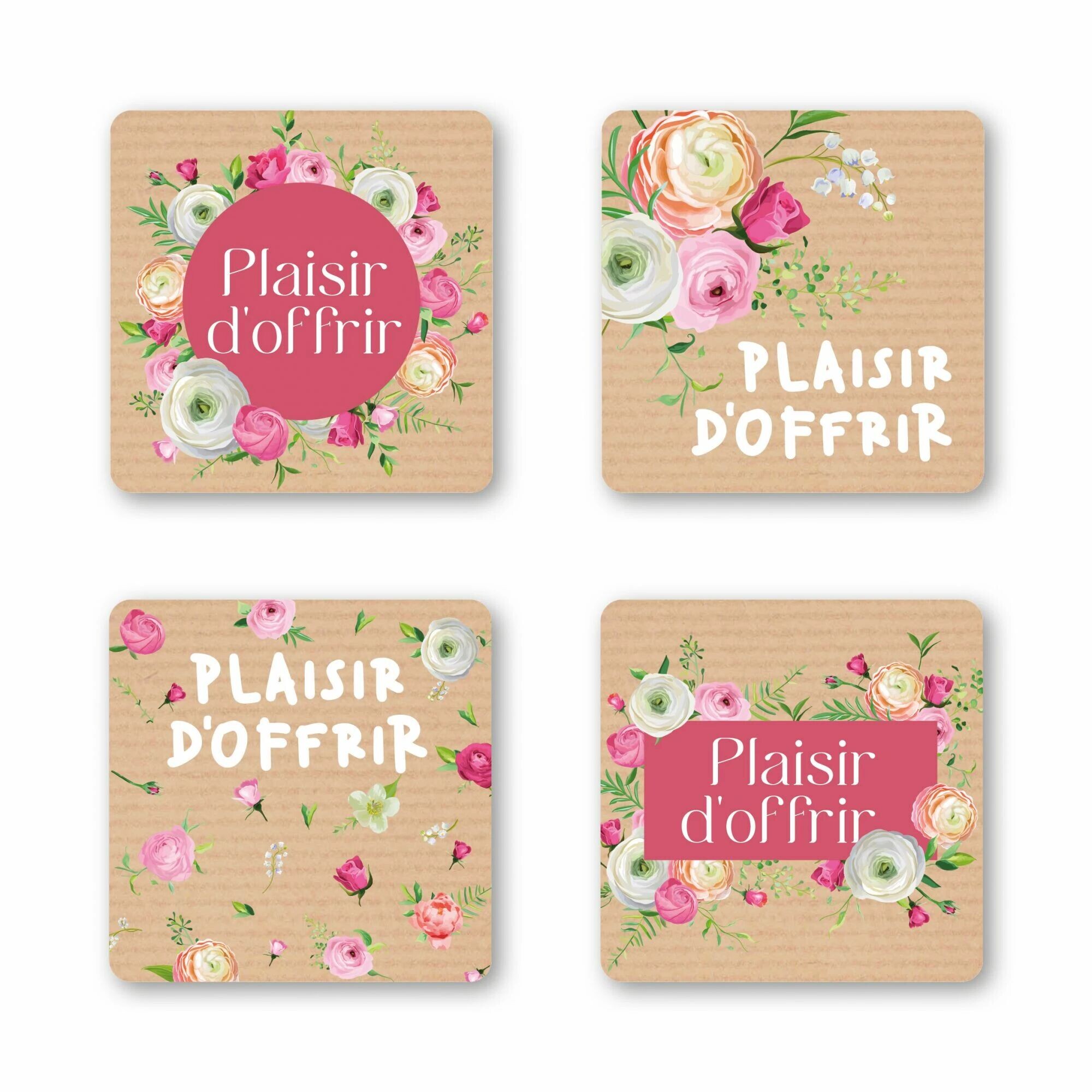 Étiquettes carrées Plaisir d'offrir sur kraft à renoncules roses pour emballage cadeau de fleuriste