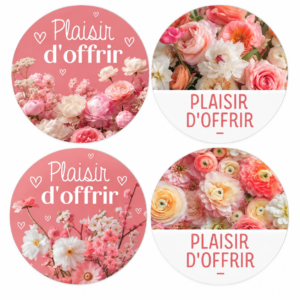 Étiquettes de vœux rondes Plaisir d'offrir à fleurs roses et pêche pour bouquets de fleuriste