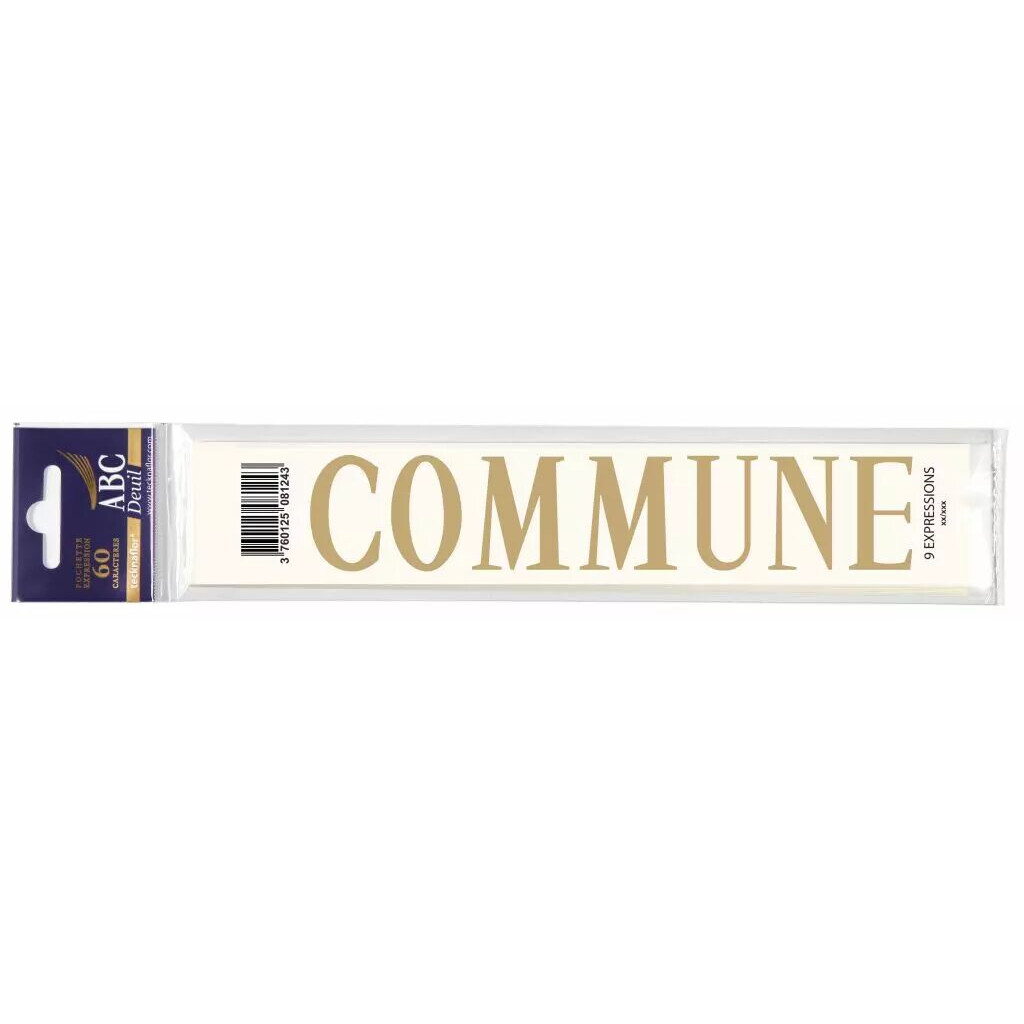 Planche de l'expression COMMUNE en lettres dorées à reporter sur un ruban de deuil de fleuriste
