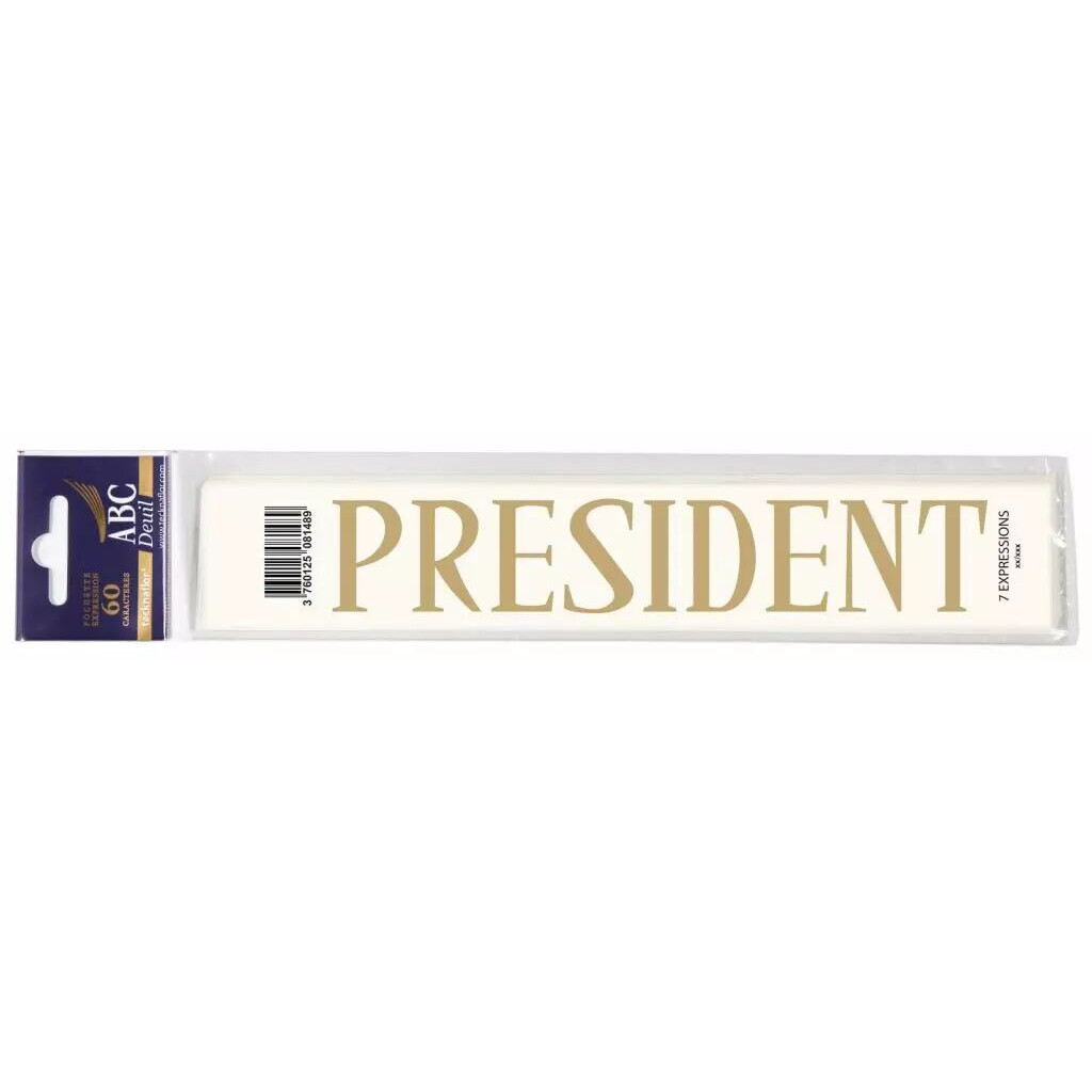 Planche de l'expression PRESIDENT en lettres dorées à reporter sur un ruban de deuil de fleuriste