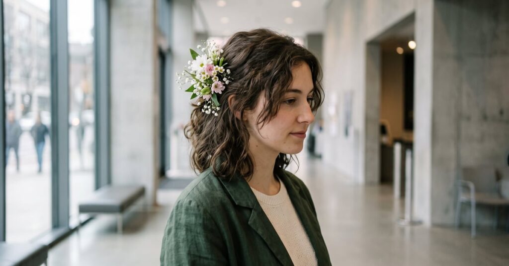 Fleur cheveux naturelle portée dans une coiffure élégante, accessoire floral tendance