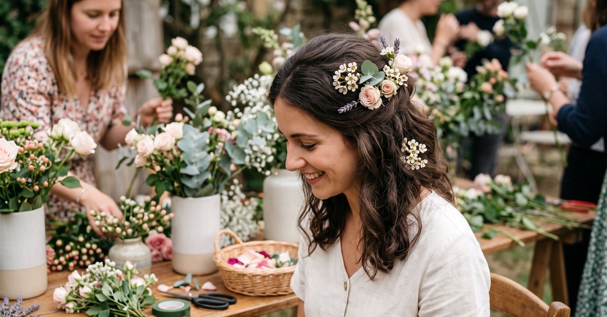 Fleur naturelle ornant une coiffure féminine élégante – accessoire fleur cheveux