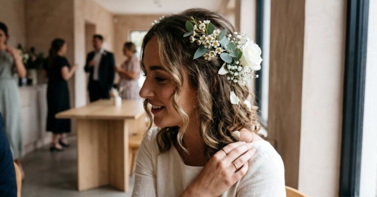 Fleurs fraîches ornant la coiffure d'une mariée — fleur cheveux mariage élégant