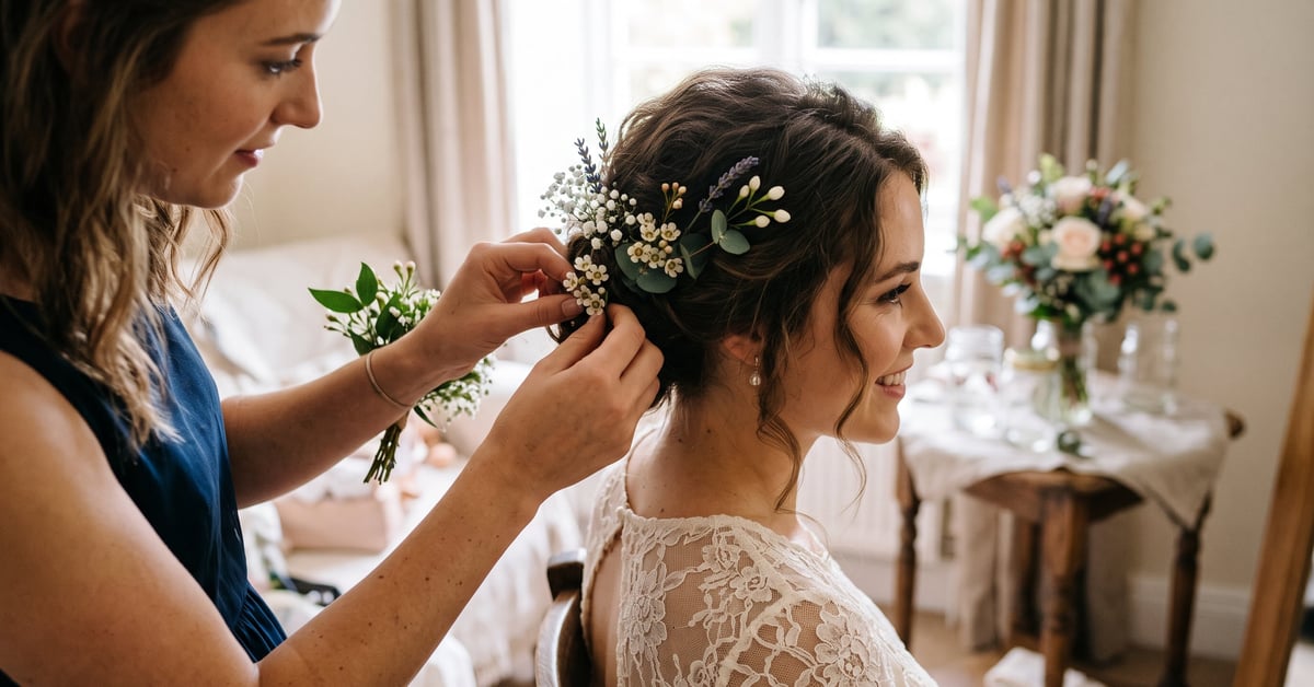Fleurs fraîches dans les cheveux d'une mariée – idées de coiffure mariage avec fleur cheveux mariage