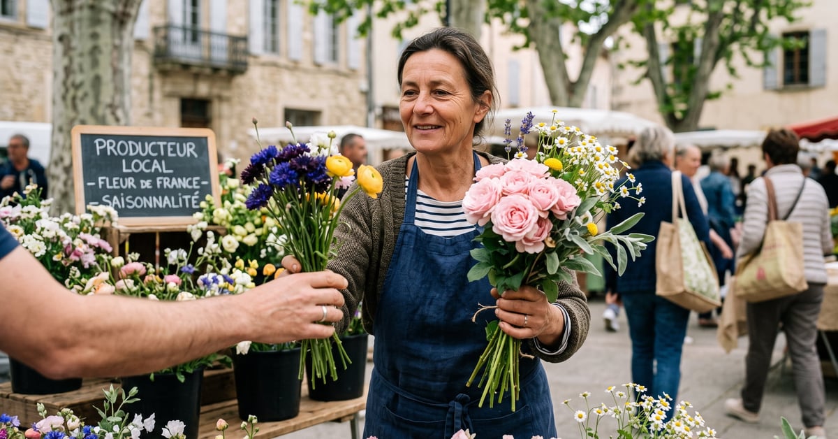 Fleurs de France cultivées localement, présentées en bouquet par un fleuriste artisan