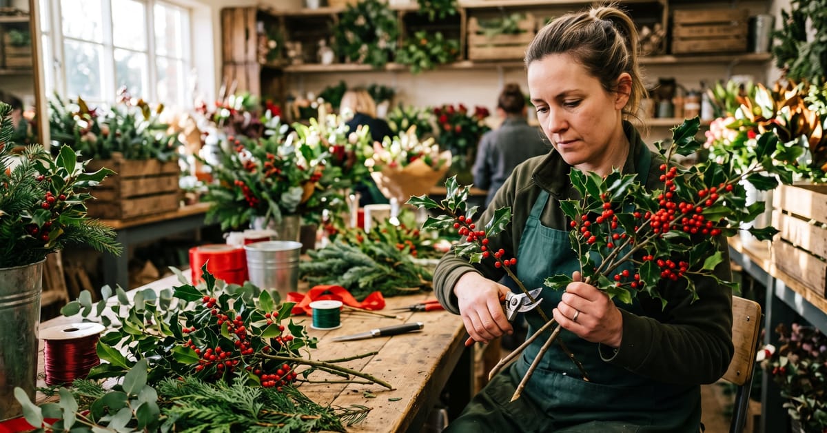 Branches de houx de Noël avec baies rouges brillantes et feuilles vertes épineuses – houx noel