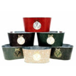 Jardinières ovales en zinc à motif boule de Noël dorée en six coloris pour compositions florales de fêtes