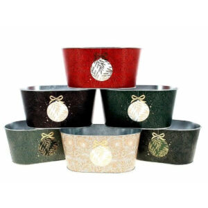 Jardinières ovales en zinc à motif boule de Noël dorée en six coloris pour compositions florales de fêtes