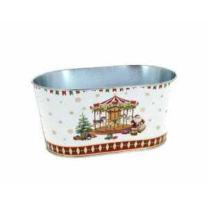 Jardinière ovale en zinc décor manège de Noël et Père Noël sur fond blanc pour compositions de fleuriste