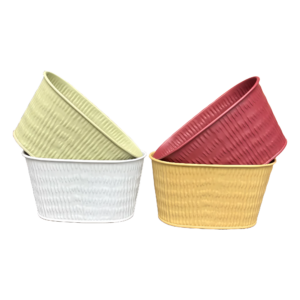 Jardinières ovales en zinc striées coloris framboise, jaune, vert sauge et blanc pour compositions florales