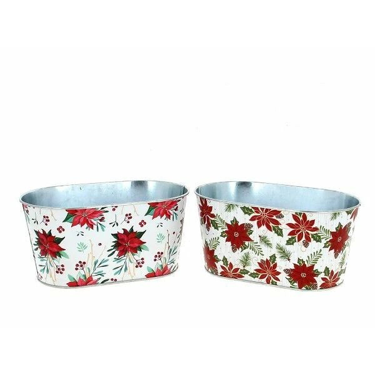 Jardinière ovale en zinc imprimée de poinsettias rouges sur fond blanc pour compositions florales de Noël