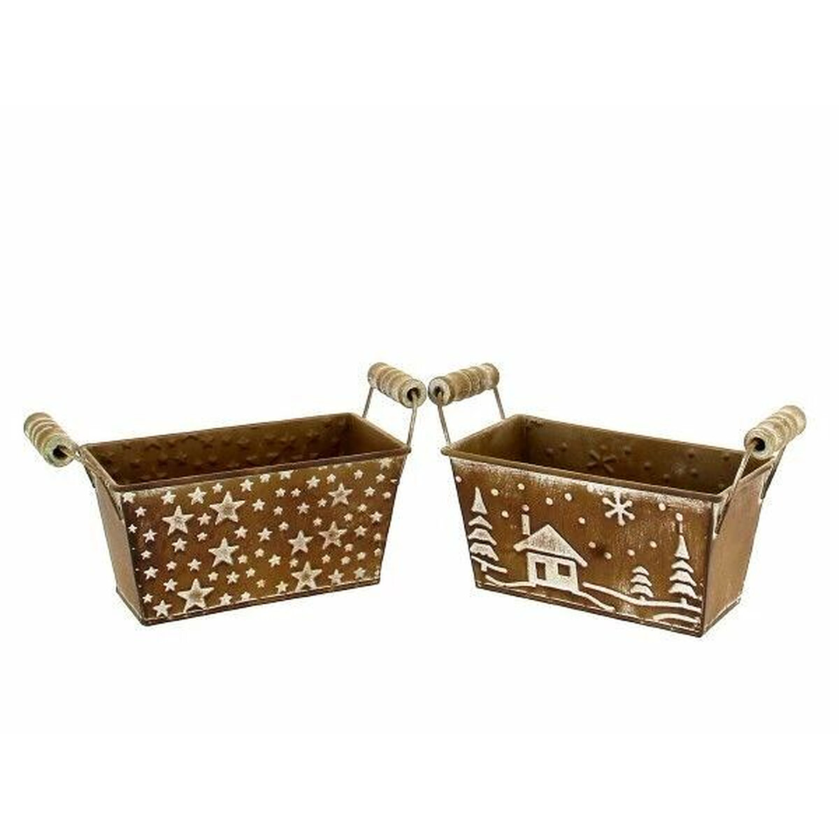 Jardinière rectangulaire en zinc effet rouille à poignées bois et décor étoiles pour compositions de Noël