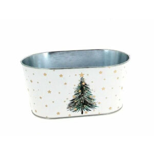 Jardinière ovale en zinc blanc décorée d'un sapin vert et d'étoiles dorées pour compositions de Noël