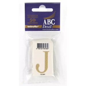 Pochette de lettres J dorées pailletées sur support blanc pour message de ruban de deuil de fleuriste