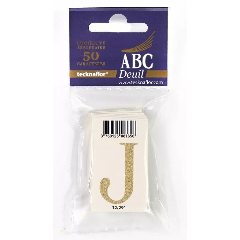Pochette de lettres J dorées pailletées sur support blanc pour message de ruban de deuil de fleuriste