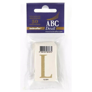 Pochette de lettres L dorées pailletées sur support blanc pour message de ruban de deuil de fleuriste