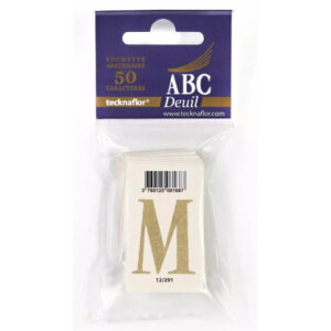 Pochette de lettres M dorées pailletées sur support blanc pour message de ruban de deuil de fleuriste