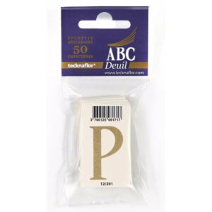 Pochette de lettres P dorées pailletées sur support blanc pour message de ruban de deuil de fleuriste