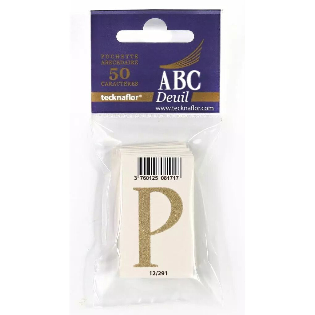 Pochette de lettres P dorées pailletées sur support blanc pour message de ruban de deuil de fleuriste