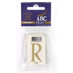 Pochette de lettres R dorées pailletées sur support blanc pour message de ruban de deuil de fleuriste