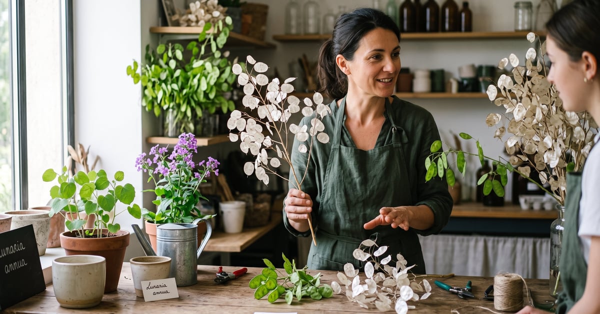 Fleurs de monnaie du pape Lunaria annua en pleine floraison, pétales violets délicats sur tiges vertes