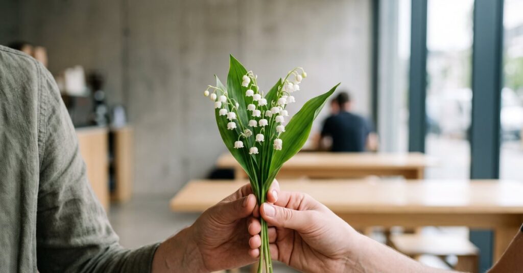 Fleur de muguet blanche en clochettes délicates sur tiges vertes, symbole du printemps en France