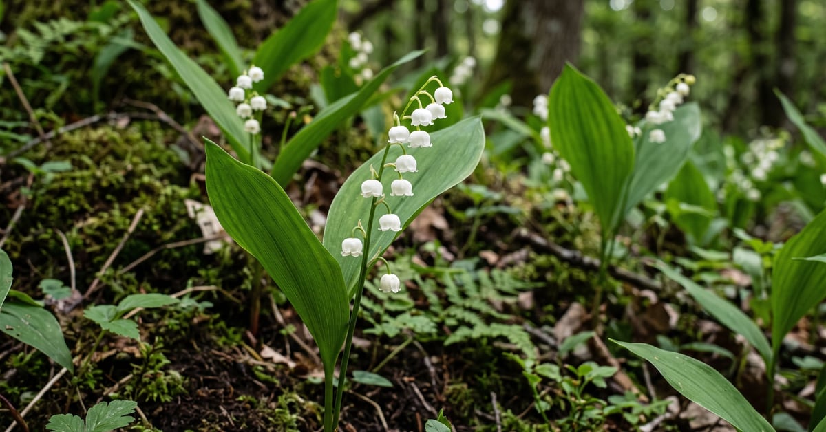Fleurs de muguet blanches en clochettes sur tiges vertes, fleur le muguet au printemps