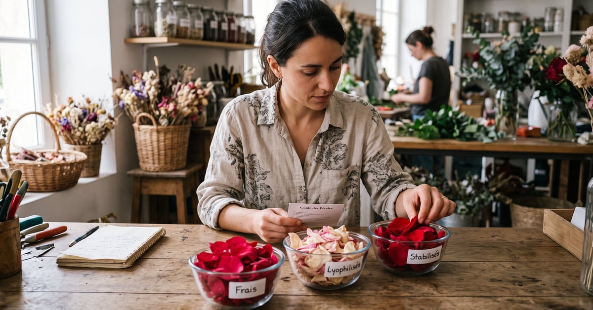 Pétales de rose frais, lyophilisés et stabilisés côte à côte pour comparer leur texture et couleur