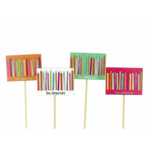 Pics en bois Bon Anniversaire illustrés de bougies multicolores pour bouquets cadeaux de fleuriste
