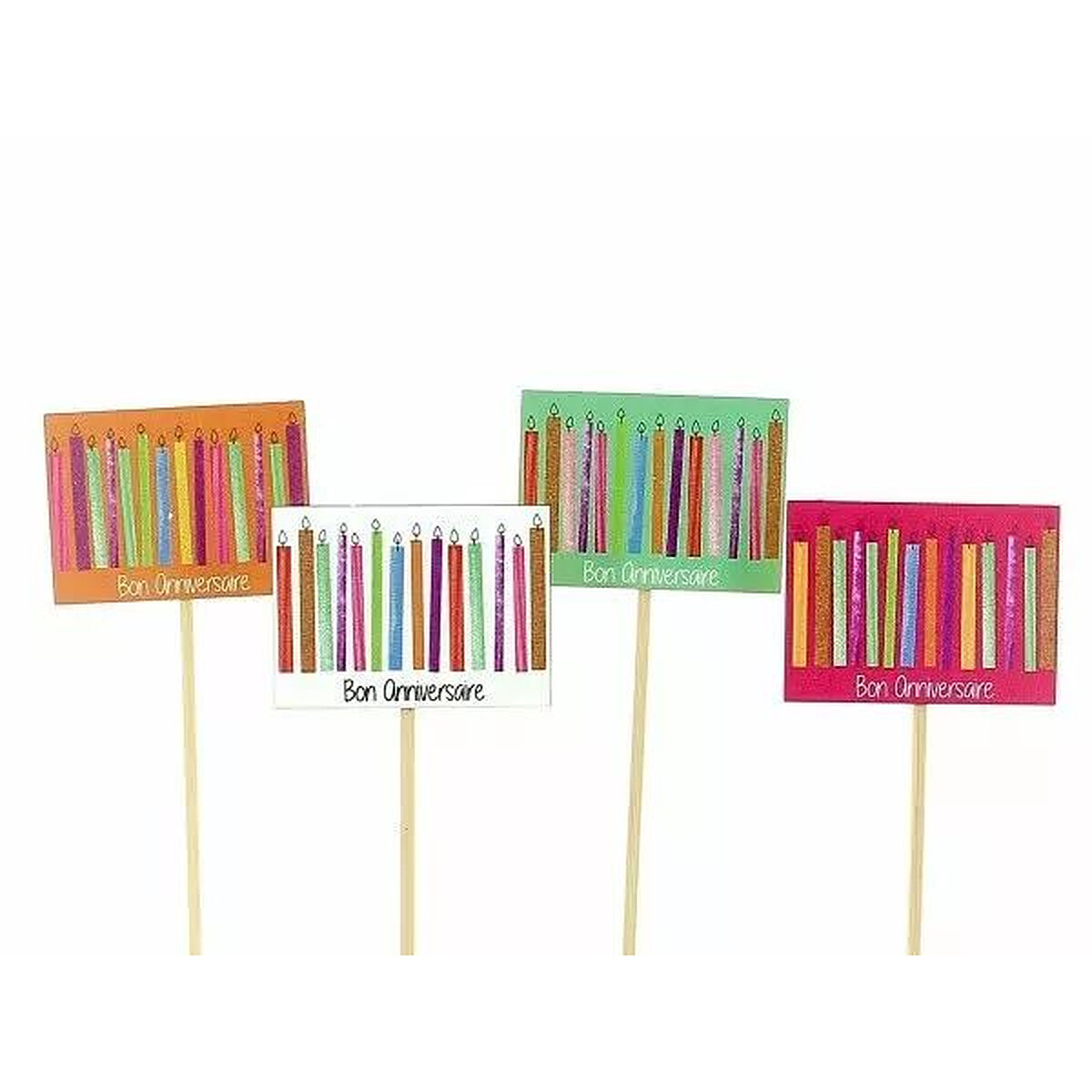 Pics en bois Bon Anniversaire illustrés de bougies multicolores pour bouquets cadeaux de fleuriste