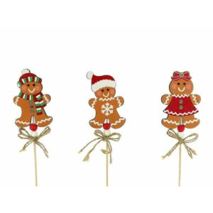 Pics en bois bonshommes pain d'épices avec bonnet, écharpe et robe rouge pour compositions de Noël de fleuriste