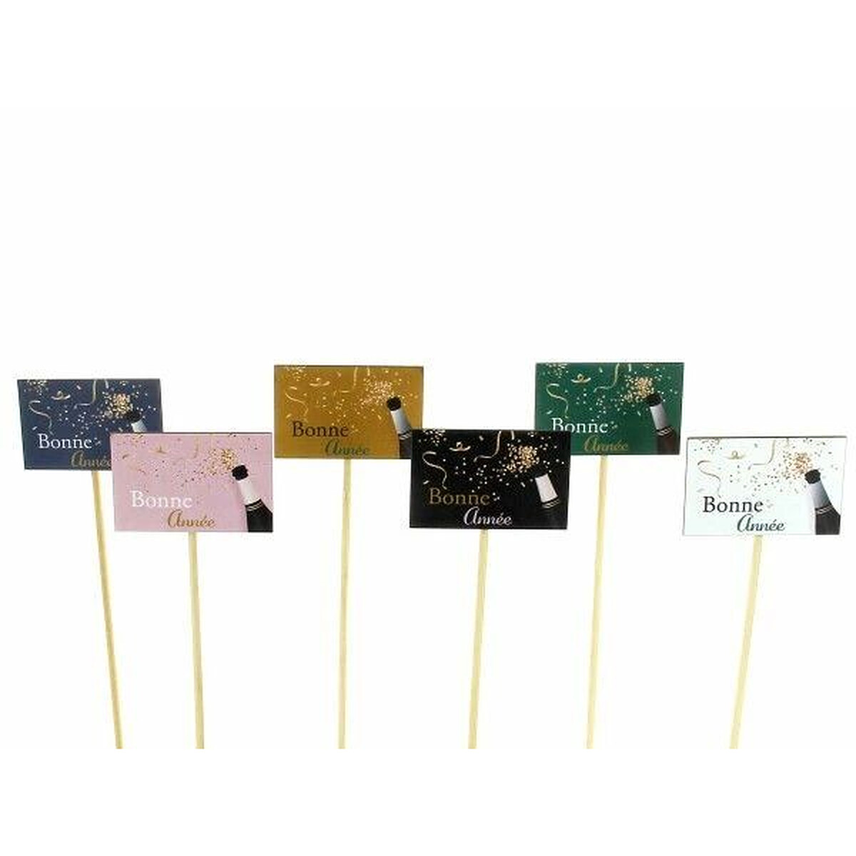 Pics en bois Bonne Année à plaquettes colorées avec bouteille de champagne pour compositions florales du Nouvel An