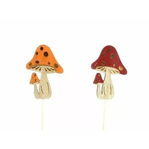 Pics en bois en forme de champignon à chapeau orange et rouge tacheté pour compositions d'automne de fleuriste