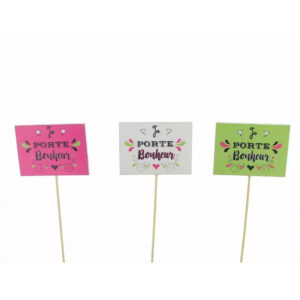 Pics en bois Je porte bonheur rose, blanc et vert à décor de muguet pour pots du 1er mai de fleuriste