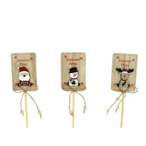Pics en bois Joyeuses Fêtes avec Père Noël, bonhomme de neige et renne en relief pour compositions de fleuriste