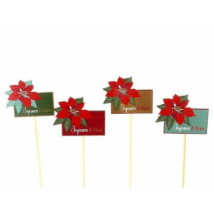 Pics en bois Joyeuses Fêtes avec poinsettia rouge sur cartels colorés pour plantes et compositions de Noël