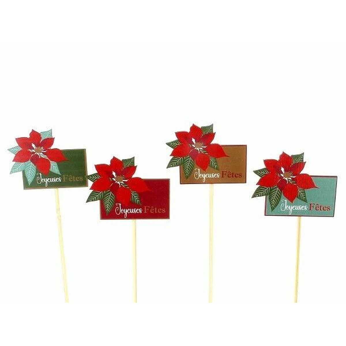 Pics en bois Joyeuses Fêtes avec poinsettia rouge sur cartels colorés pour plantes et compositions de Noël
