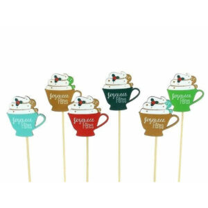 Pics en bois en forme de tasse à chantilly Joyeuses Fêtes en couleurs assorties pour compositions de Noël