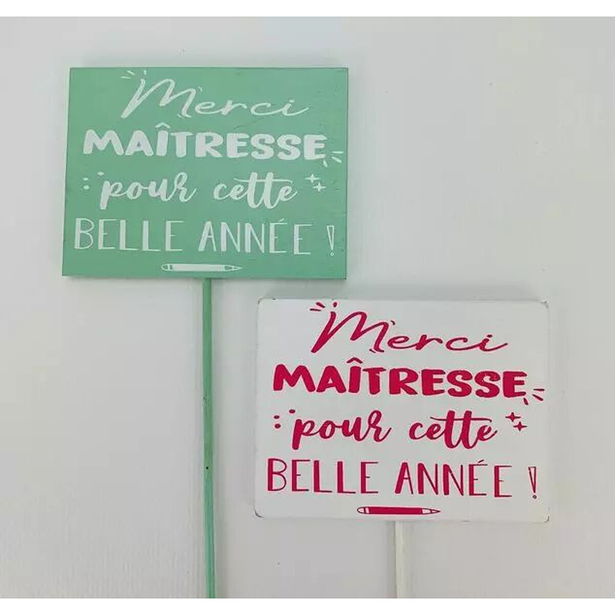 Pics en bois Merci Maîtresse pour cette belle année vert d'eau et blanc pour bouquets de fin d'année