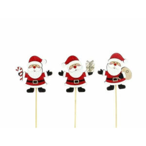 Pics en bois Père Noël en manteau rouge avec sucre d'orge, cadeau et hotte pour compositions de fleuriste