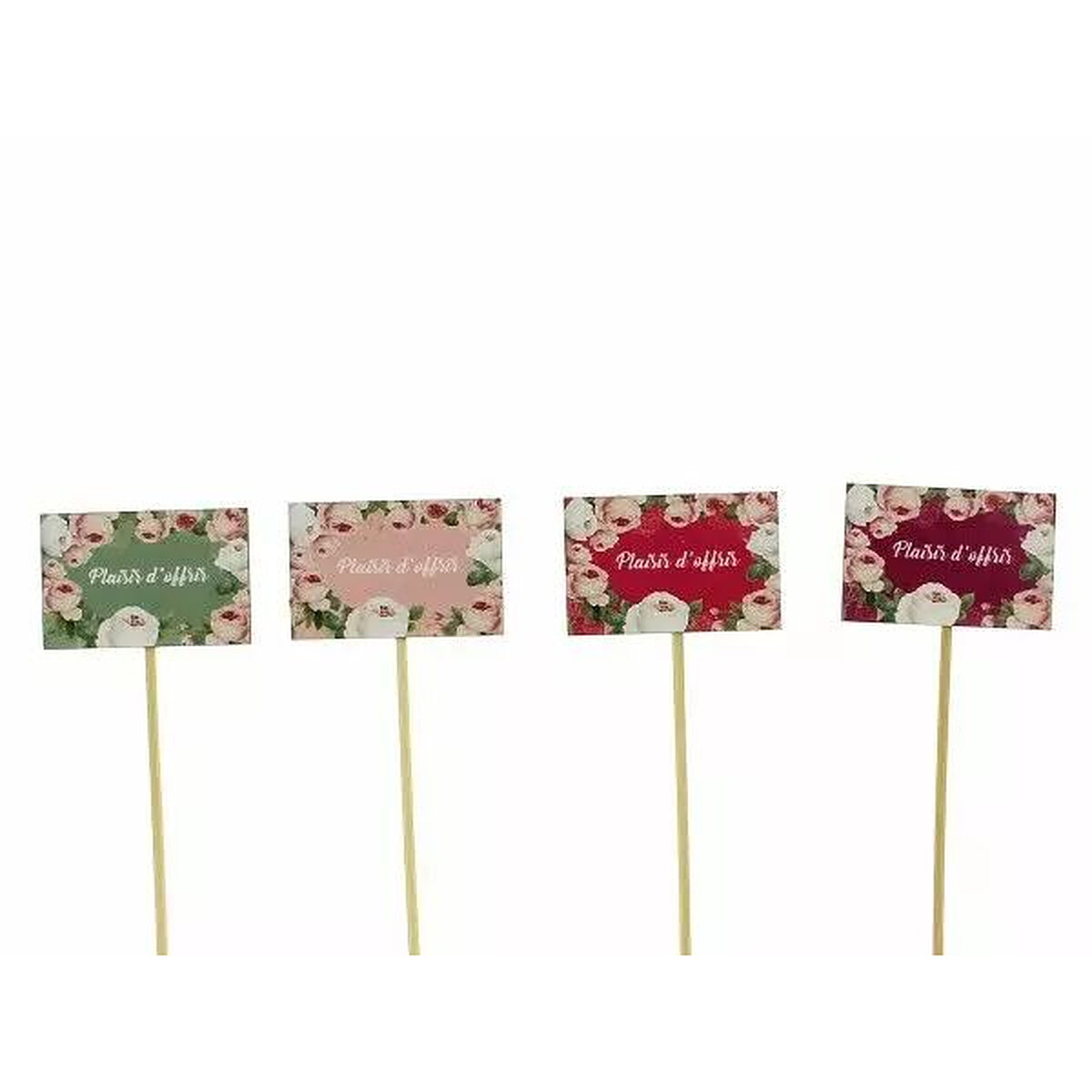 Pics en bois Plaisir d'offrir à décor de roses sur fonds assortis pour bouquets cadeaux de fleuriste